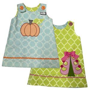 Shrimp Grits Kids Fall Christmas Reversible Dress Girls Sleeveless Shift Sz 12M